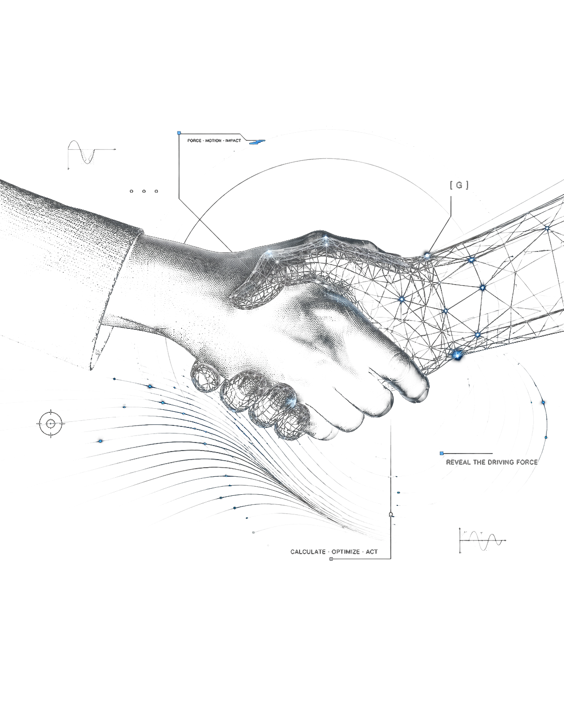 Digital handshake with simulation flow lines and engineering data overlays